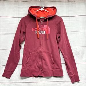 The north face maroon red zip front logo hoodie jacket size M